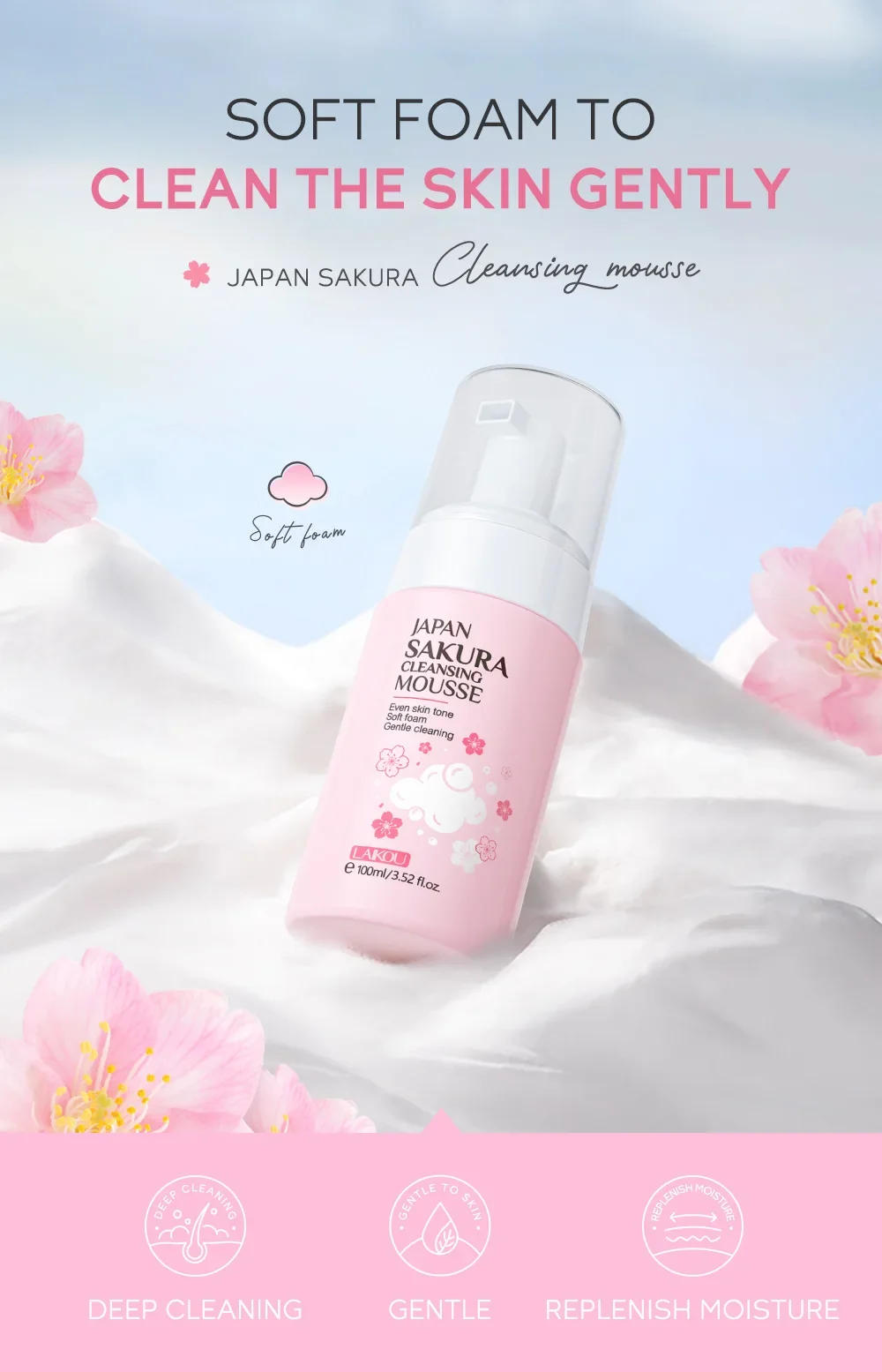 Description Picture 3 of itemLAIKOU Cherry Blossom Women Facial Cleanser  Face Korean Skin Care Products Original Products 100ml