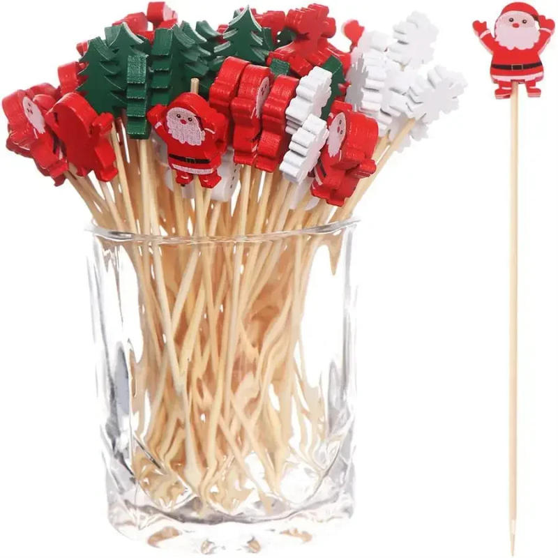 Description Picture 3 of item50/100Pcs Christmas Bamboo Skewer Cocktail Picks Cupcake Topper Disposable Food Dessert Toothpicks Fruit Sticks Party Supplies