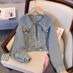 Women Turndown Collar Denim Jacket Casual High Waist Long Sleeved Button Up Short Jacket Fall Vintage Coat Streetwear Outerwear