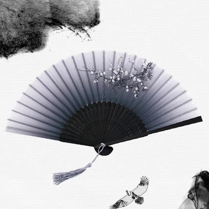 Description Picture 6 of itemChinese Japanese Silk Folding Fan Wooden Shank Classical Dance Fan High Quality Tassel Elegent Female Fan Home Decoration