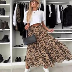 Trendy Leopard Print Skirt Women Spring Autumn New Fashion Casual Folds Vacation Style A-line Skirts Ladies Commuting Clothing