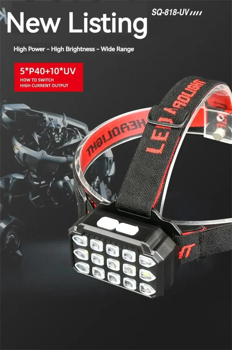 Description Picture 2 of itemUV+White Light Dual-use LED Headlamp Fishing Headlight Uses 10*UV LED +5*P40 LED Used for Camping, Catching Scorpions,etc