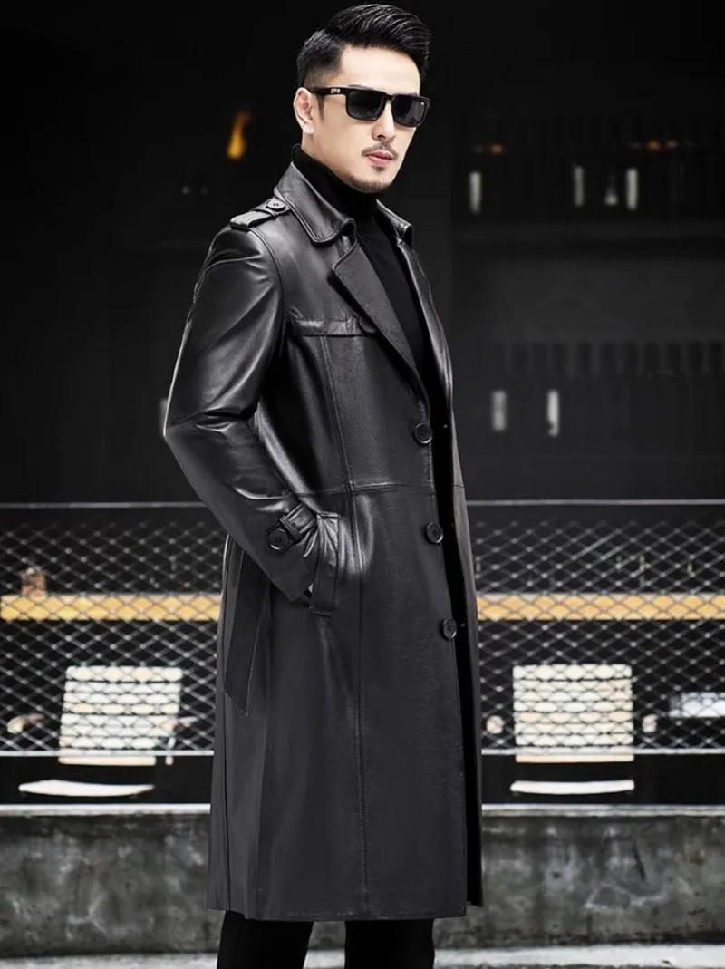 Description Picture 4 of itemNew Autumn Winter Mens Cowhide Genuine Leather Trench Black Punk Outwear Single Breasted Slim Fit Business Casual Men Long Coat