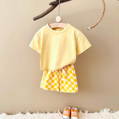 Newborn Summer Boys Clothing Set Solid Color Short Sleeved T-shirt+Checkerboard Shorts Cotton Girls Casual Children Suit 0-3Y