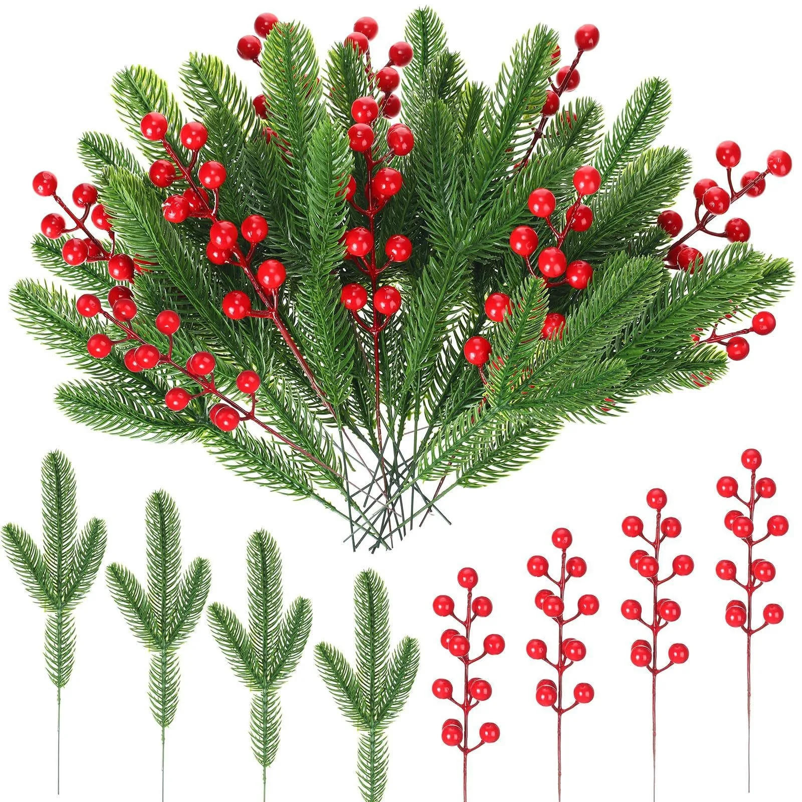 Description Picture 2 of item10pcs Artificial Pine Branches Christmas Holly Red Berries Stems for Xmas Tree DIY Wreath Decorations Christmas Home Decoration