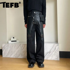 IEFB-pantalones de cuero PU para hombre, Pantalón Cargo informal de retazos, ropa de calle de tubo recto, monos empalmados de tendencia, nueva moda, 9C1775
