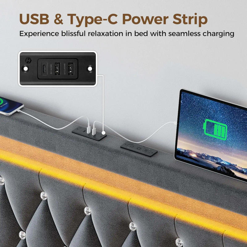 Description Picture 5 of itemKing Bed Frame with LED Light and Charging Station, Upholstered High Headboard and Footboard, Wood Slats, Noise Free