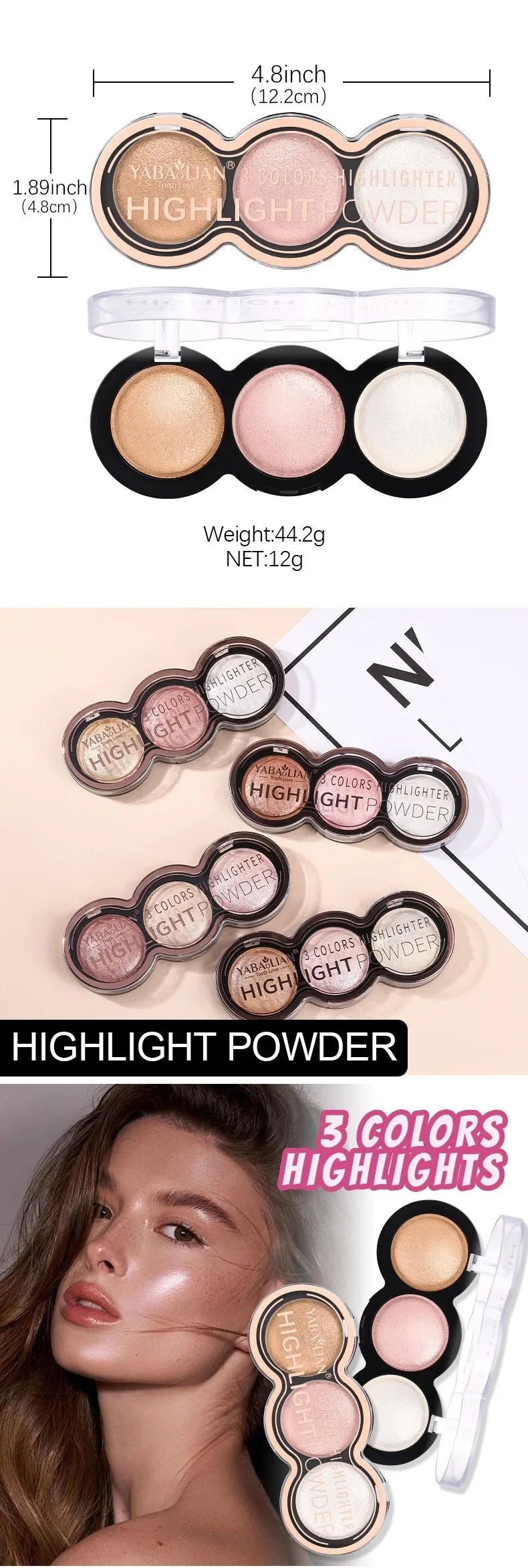 Description Picture 4 of item3 Colors High Gloss Highlighters Palette Makeup Face Brighten Contour Blush Waterproof Shimmer Powder Body Illuminator Cosmetics