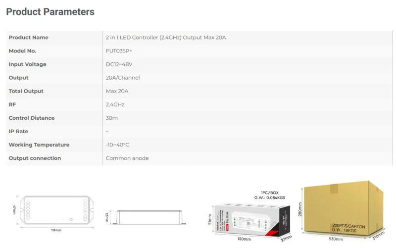 Description Picture 3 of item1PCS Miboxer DC12V-48V LED Controller 2.4GHZ FUT035P+ / FUT037P+ MAX 20A for Dual White Single Color / RGB RGBW RGB+CCT LED Lamp