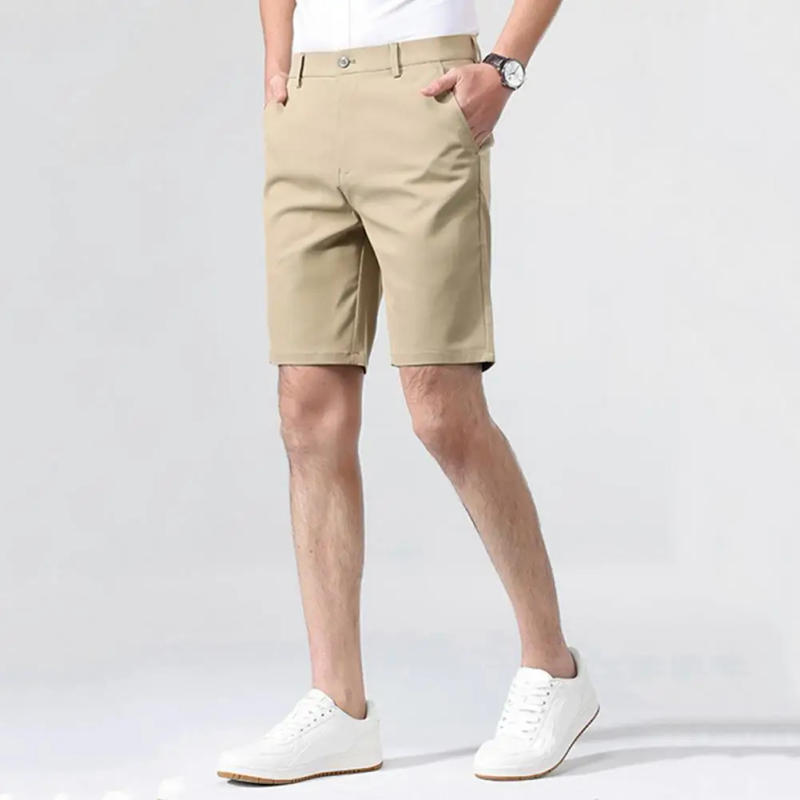 Description Picture 5 of itemRegular Fit Men Shorts Men's Solid Color Casual Suit Shorts with Pockets Elastic Waistband Breathable Fabric for Golf Daily Wear