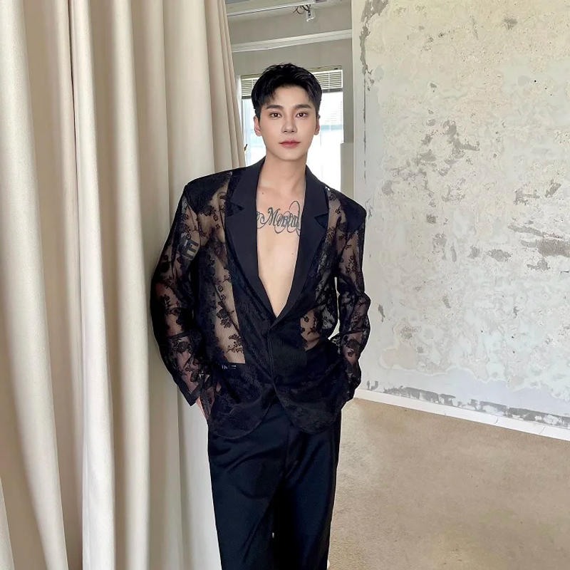 Description Picture 6 of itemHKSH Spring Summer New Men's Tide Personalized Mesh Flower Jacquard Embroidery Blazer Suit Sunproof Coats Dark Chic Tops HK1809