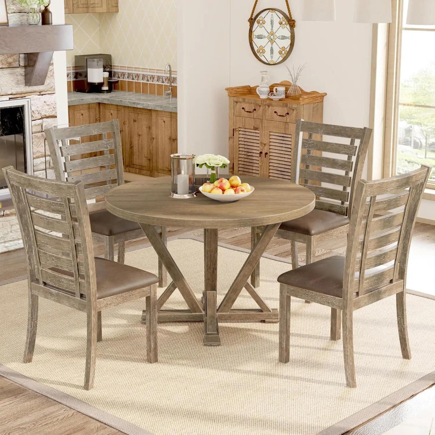 Description Picture 3 of itemDining Tables, 5 Piece Round Farmhouse Dinings Table Set, Rustic Solid Wood Kitchen Dinings Room Table, Dining Tables