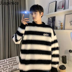 Winter Striped Contrasting Color O-neck Sweater Japanese Retro Loose Casual High Street Couple Sweaters Pullovers Male Clothes