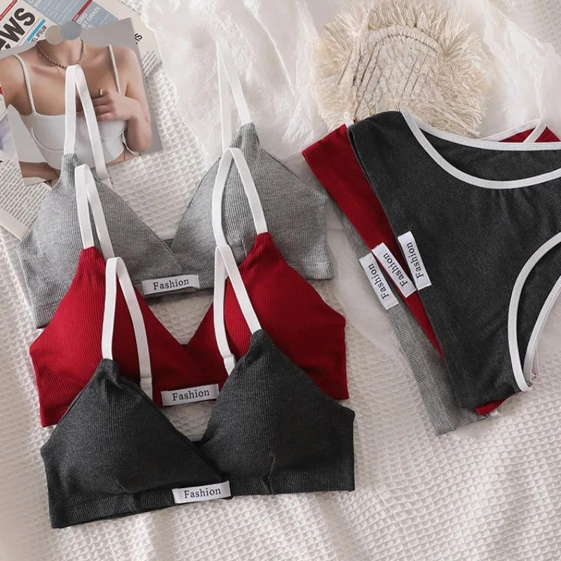 Description Picture 4 of itemSoft Cotton Underwear Sets Sexy Comfortable Bras Low Waist Panties V-neck Brassiere No Steel String Underwear Brief Sets