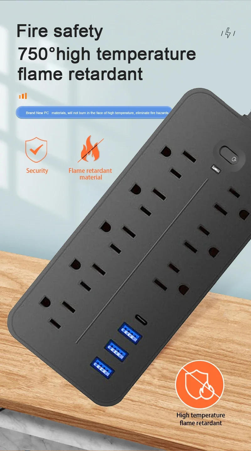 Description Picture 3 of itemUS Outlets Power Strip Multitap Socket AC110V Extension Cord Electrical with USB Type C Fast Charging WITH Overload Protection