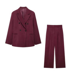 TRZA-Women's Double Breasted Blazer Coat and High Waist Straight Pants, Female Two Piece Sets, Fashion