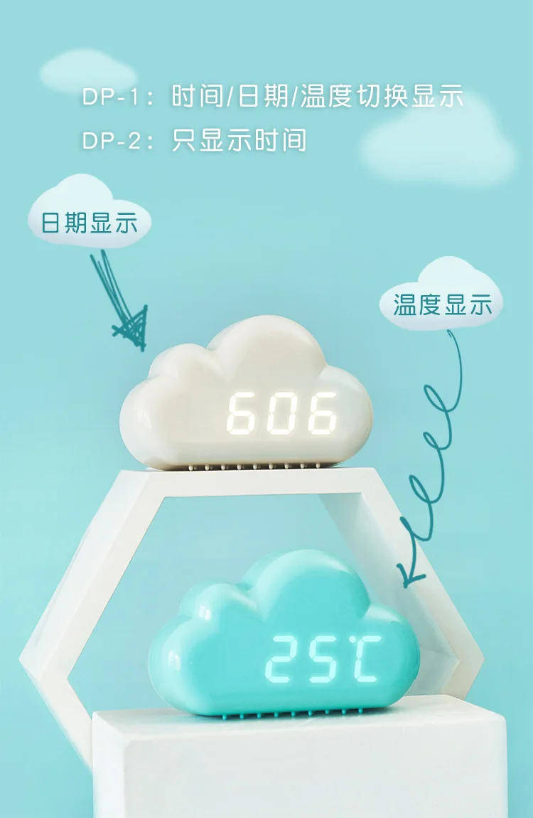 Description Picture 6 of itemKawaii Clocks Clouds Alarm Clock Voice Control Led Clocks Bedside Snooze Electronic Clock Calendar Table Clock Digital Clockes