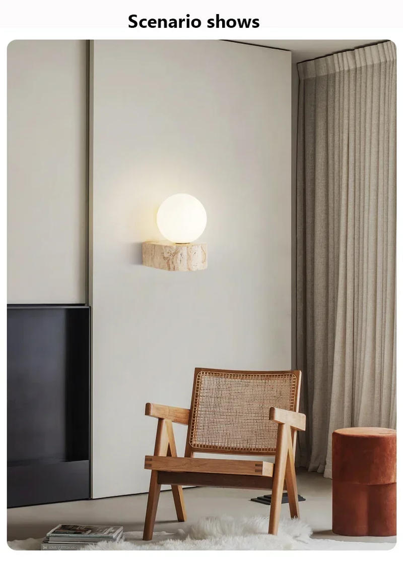 Description Picture 2 of itemArt Decoration Wall Lamp Glass Lampshade Led Light with Pull Chain Natural Stone Wall Light Bedroom Decor Sconce Room Decor