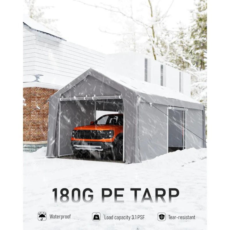 Description Picture 4 of itemCarport 13'x20' Portable Garage, 14 Mil PE Canopy & 1.0 mm Thick Heavy Duty Steel Poles, and 4 Roll-up Side Doors, for Fullsize