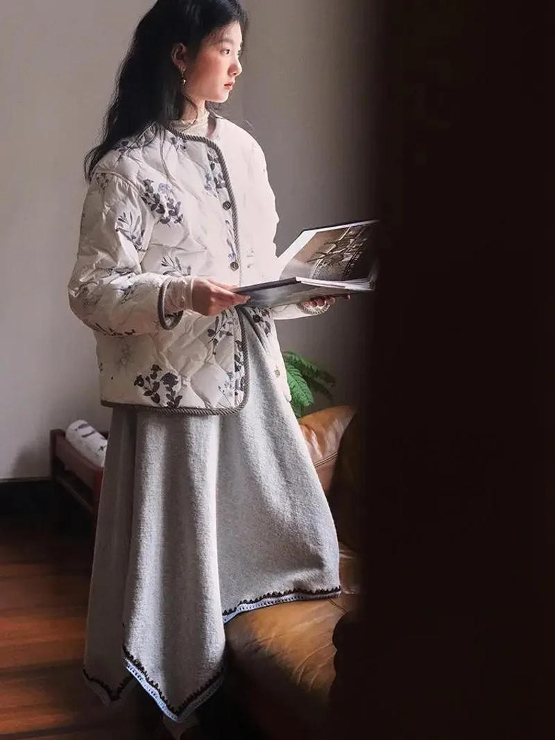 Description Picture 6 of itemVintage Floral Quilted Jacket for Women, O Neck Single Breasted Diamond Plaid Loose Warm Outwear Fashion Long Sleeve Coat Top