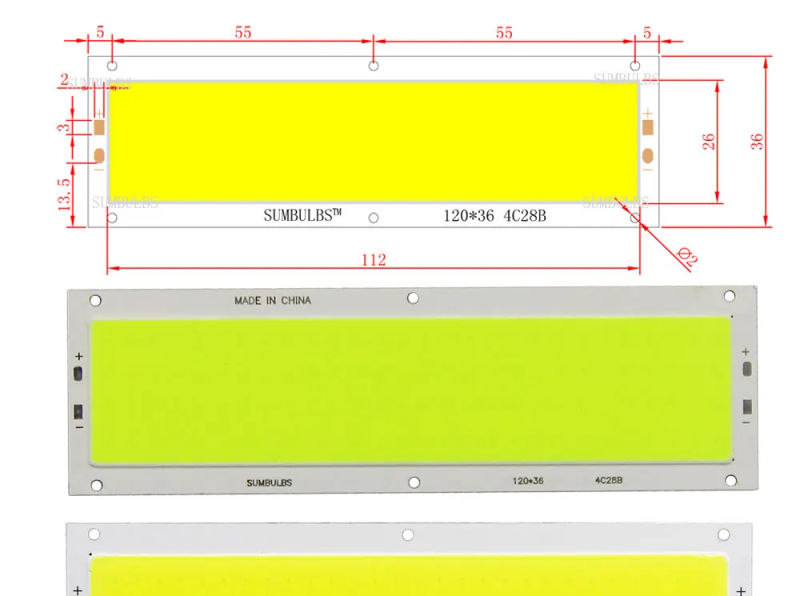 Description Picture 5 of itemSUMBULBS 120x36mm DC 12V LED COB 16W Chip Light Source Strip Bulb Panel Warm Natural Cold White Blue Red Green For DIY Car Lamp