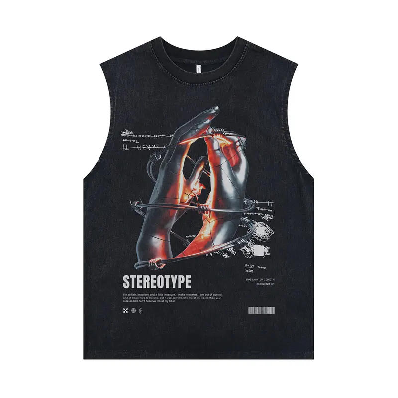 Description Picture 3 of itemVintage Black Tank Tops Streetwear Hip Hop Robot Hand Graphic Print Sleeveless Oversized Tshirt Vest 2024 Harajuku Washed Shirts