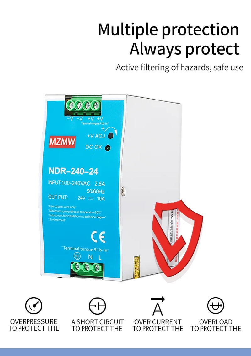 Description Picture 5 of item240W Industrial DIN Rail Switching Power Supply 12V 24V 48V AC/DC Single Output Source Power NDR-240-12 NDR-240-24 NDR-240-48