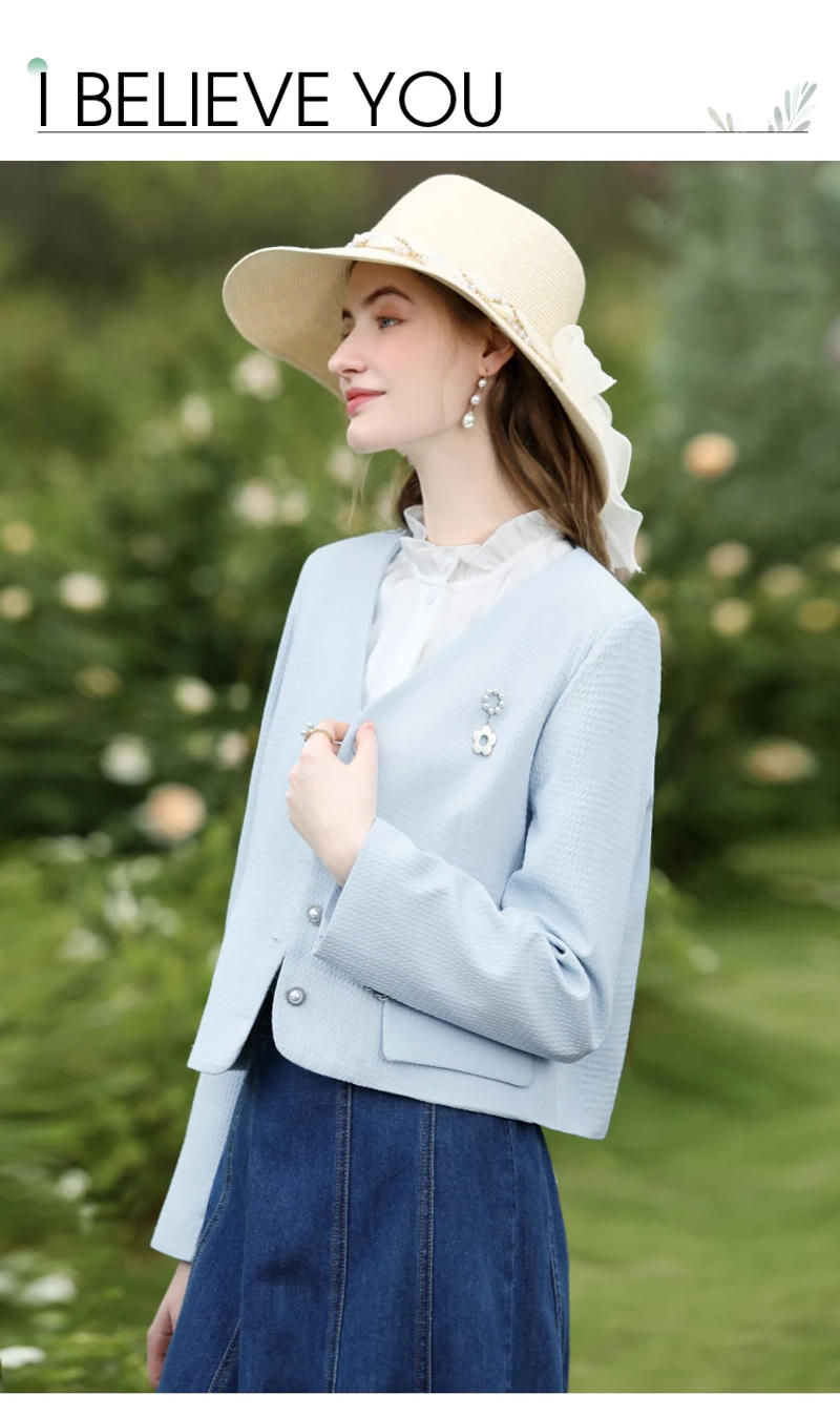 Description Picture 2 of itemI BELIEVE YOU Blazers Short Coat for Women 2024 Autumn New Blue French Tweed Waffle V-neck Fashion Gentle Chic Jacket CWT235263A