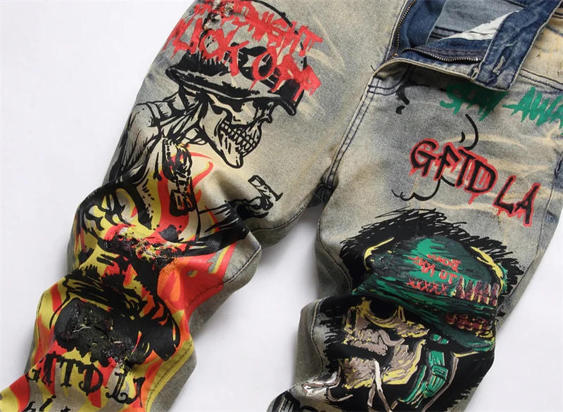 Description Picture 3 of itemFashion trend High Street printed jeans men's slim-fitting cool street stretch pencil pants slim fit ankle tight trousers