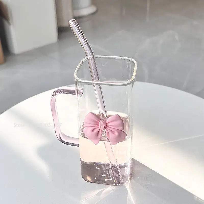 Description Picture 6 of item350ML Square Mug with Lids and Straws with Bow Water Cup Household Cup Female Milk Coffee Cups with Pink Handle Gift