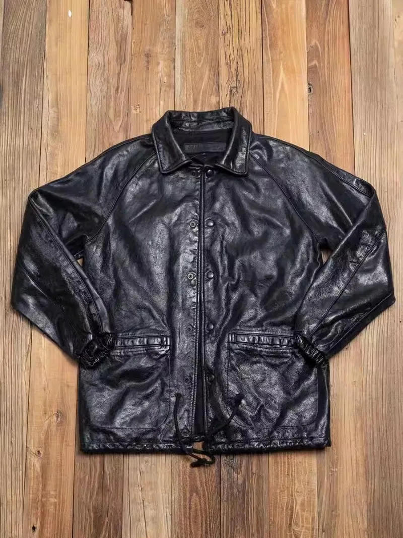 Description Picture 4 of itemVintage Mens Genuine Leather Jacket Single Breasted Straight Casual Outerwear Punk Motorcycle Coat Men Loose Fit Cowskin Jackets