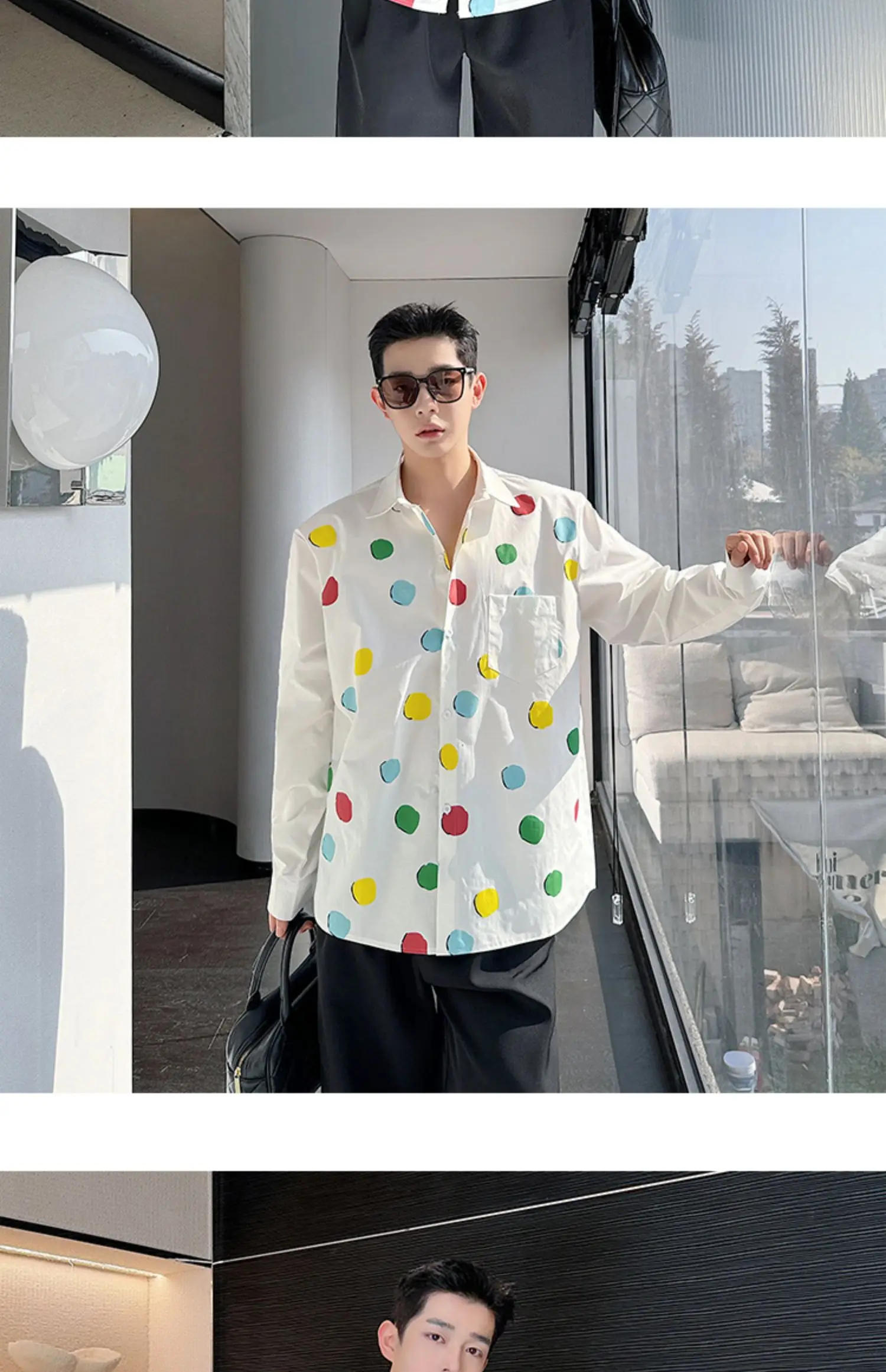 Description Picture 4 of itemCasual Shirts Men Multicolour Dots Korean Streetwear Fashion Loose Long Sleeve Party Dress Shirts Blouses Man Clothes