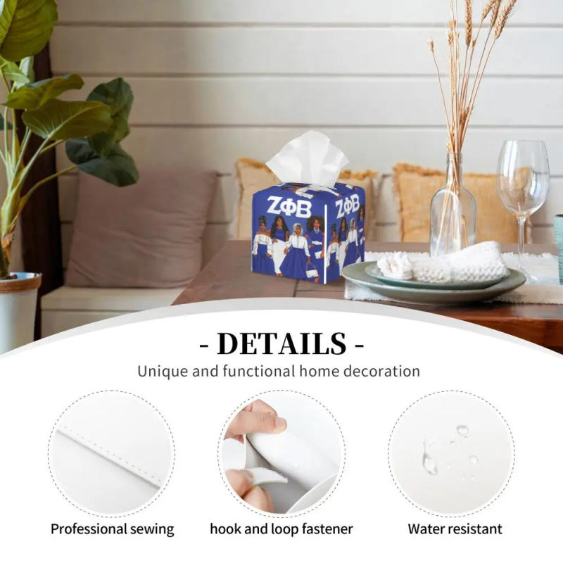 Description Picture 4 of itemCustom Zeta Phi Beta Sorority Tissue Box Cover Square PU Leather ZOB Facial Tissues Holder for Office