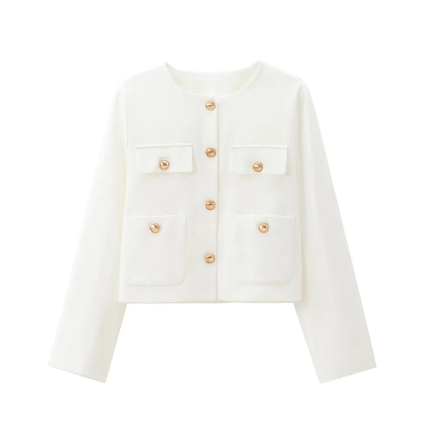 Description Picture 5 of itemTRZA-Cropped Jacket with Golden Buttons for Women, O Neck, Long Sleeve, Female Outerwear, Chic Tops, Fashion