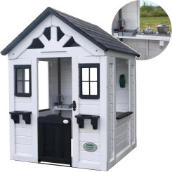 Sweetwater All Cedar White Modern Outdoor Wooden Playhouse Cottage Sink Stove Windows Kitchen with Pot and Pans and Utensils