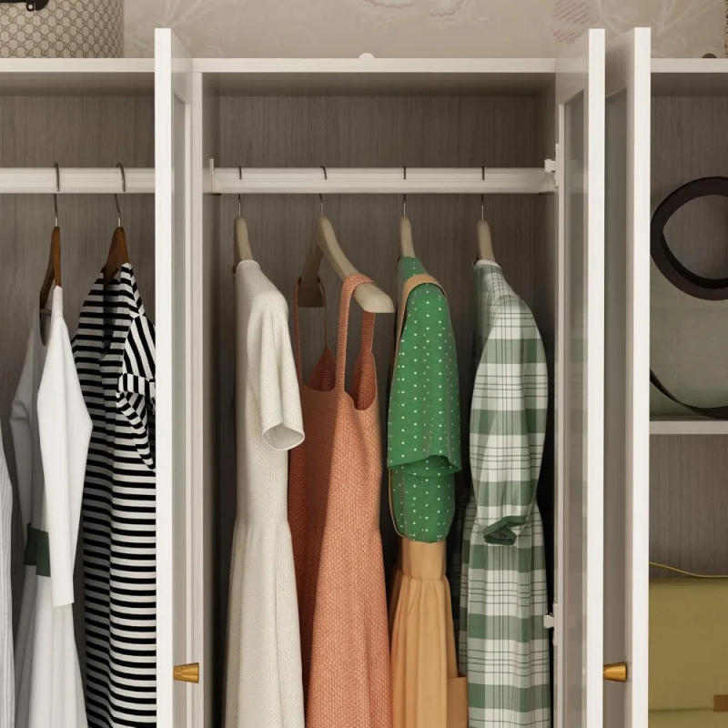 Description Picture 4 of itemLarge L-shaped wardrobe with 6 frosted glass doors,hanging poles, shelves, and drawers, 98.4-inch wooden bedroom storage cabinet