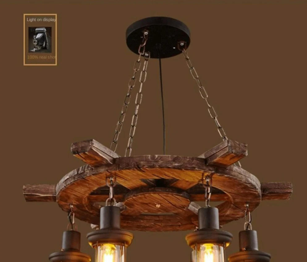 Description Picture 6 of itemRetro Boat Wood Chandelier Loft Industrial Style American Nostalgic Creative Personality Restaurant Bar Counter Café Lamps