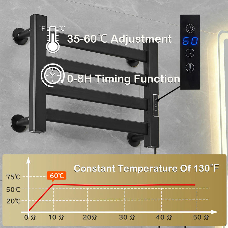 Description Picture 3 of item110V Black Electric Bathroom Towel Rack Heater Timer Temperature Control Towel Warmer Dryer Wall Mounted Hardwired and Plug in