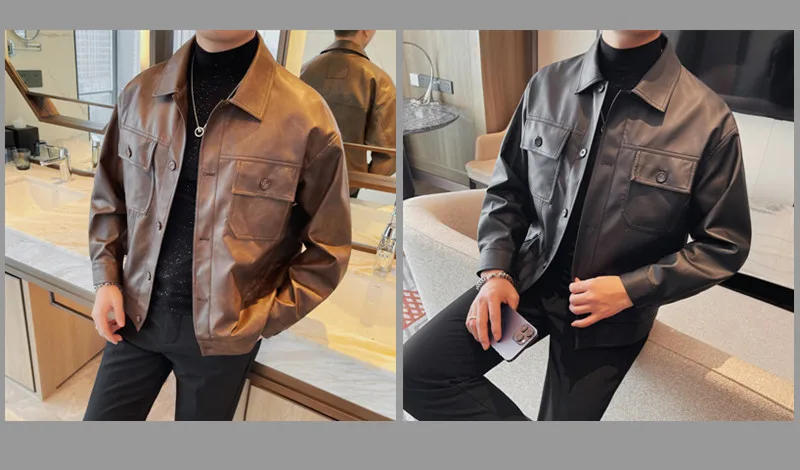 Description Picture 4 of itemMultiple Pockets Faux Leather Jackets Mens All-match Single-breasted Solid Coat Mens Business High Quality PU Leather Jacket 4XL