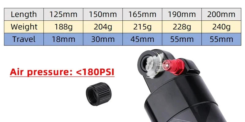 Description Picture 3 of itemMEROCA Bicycle Air Rear Shock 125mm/150mm/165mm/190mm/200mm Alloy MTB Scooter Folding Bike Shock Absorber Cycling Accessories