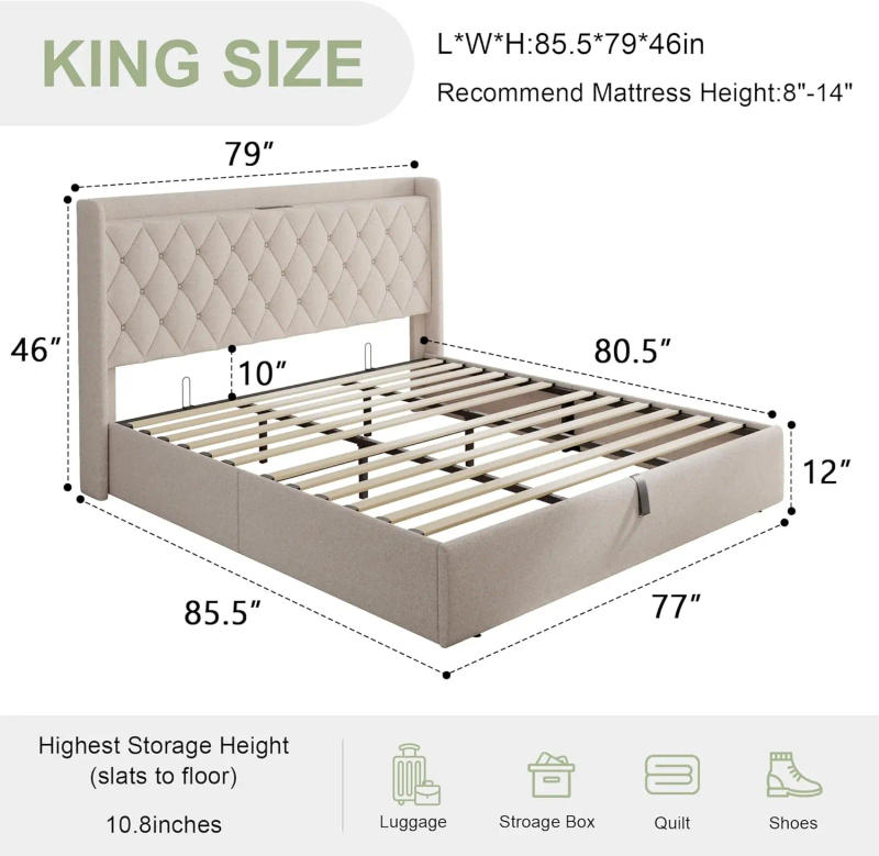 Description Picture 3 of itemKing Lift Up Storage Bed Frame Button Tufted Wingback Headboard with Outlets & Type A/C Ports 10.8" Hydraulic Storage Wood Slats