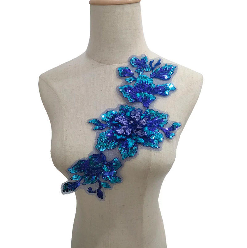 Description Picture 5 of item1 Pair Blue Sequin Flower Embroidered Lace Patch DIY Sewing Cloth Applique Collar Patches Dress Decoration