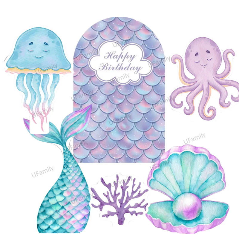 Description Picture 5 of item45/60/91cm Ocean Animal Cardboards Blue Shell Mermaid Tail Theme Party KT Board for Baby Shower 1st Birthday Party Backdrop
