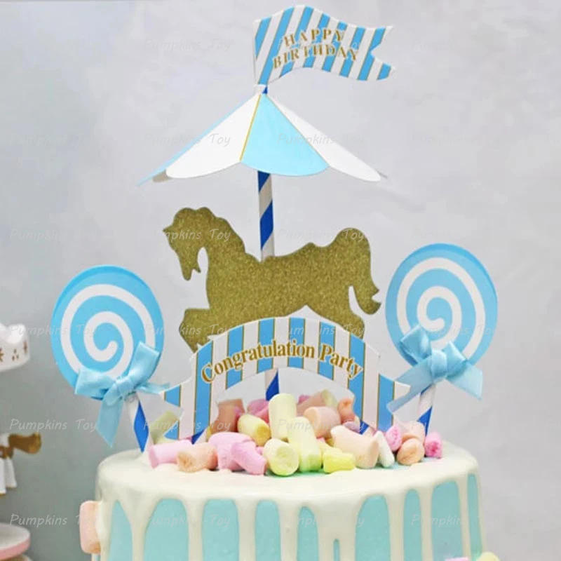 Description Picture 3 of item1Set Lollipop Carousel Horse Cake Topper Unicorn Birthday Supplies Wedding Party Decoration Gender Reveal Cake Decor