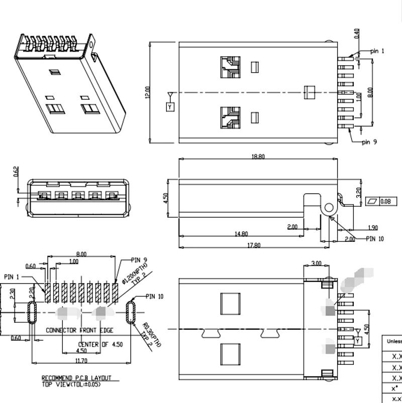 Description Picture 3 of item5pcs USB 3.0 A Type Male Plug Connector 9 Pin SMT SMD High-speed Data Transmission USB 3.0 Jack Charging Socket Soldering