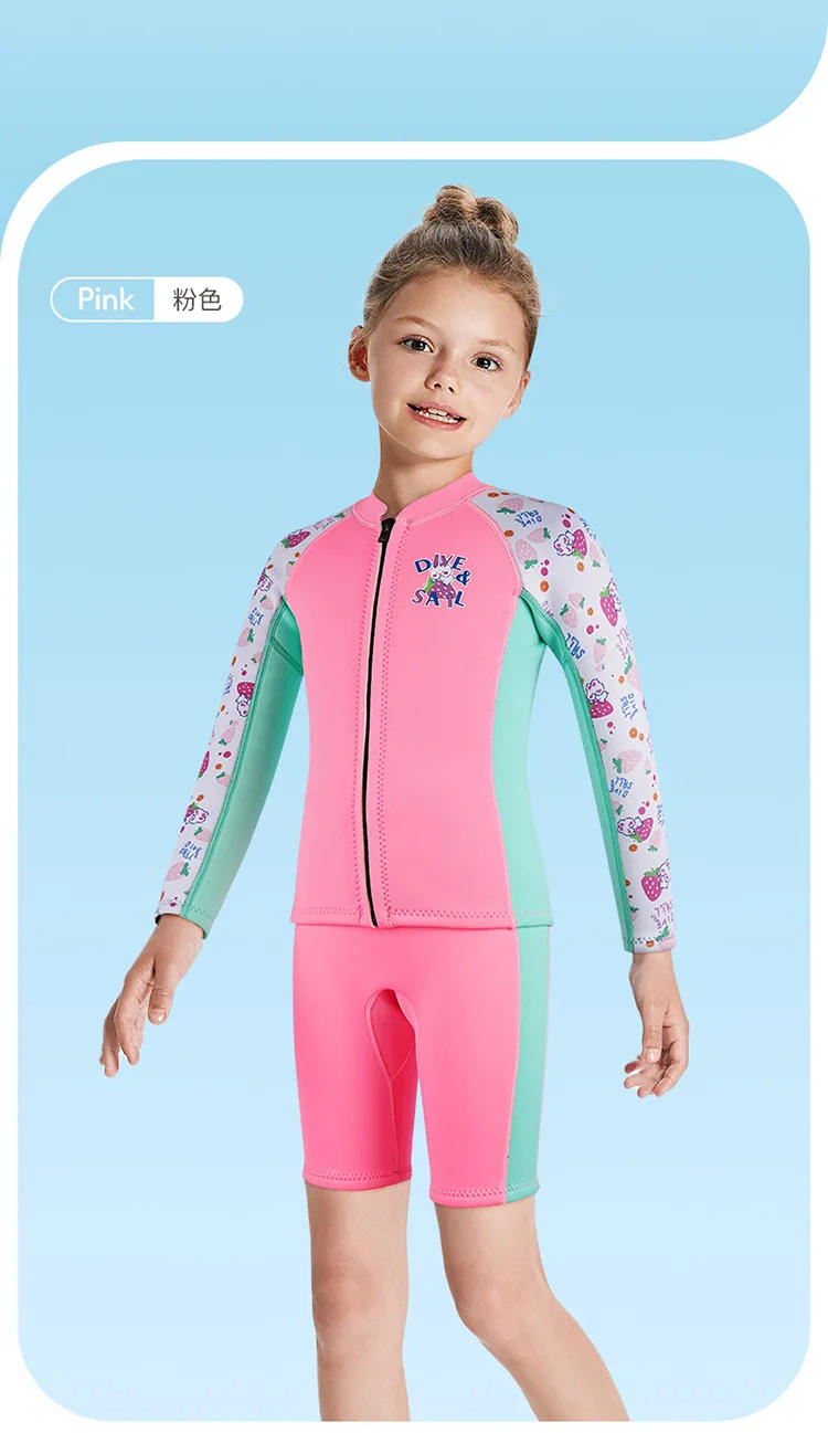 Description Picture 3 of item2.5MM Diving Suits Neoprene Wetsuits Kids Swimwears Long Sleeves Shorts Two Piece Set Girls Surfing Swimming Children