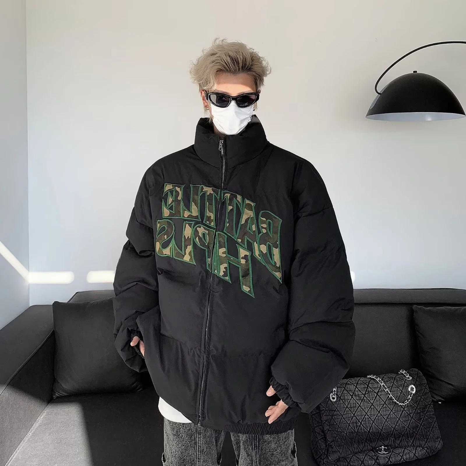 Description Picture 5 of itemWinter  Embroidered Letters Printed Stand Collar Cotton-padded Overcoat Men Thickened Casual Loose High Street Parkas