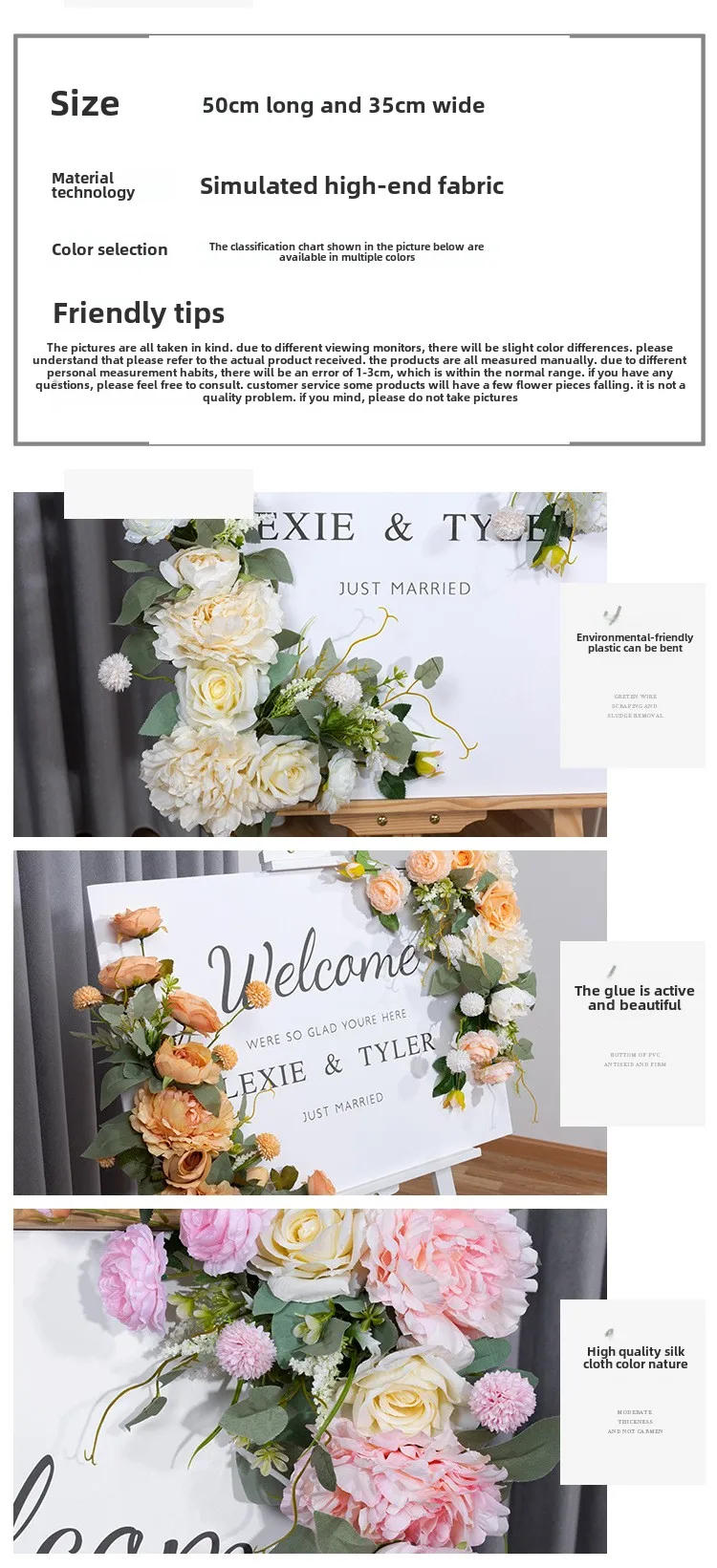 Description Picture 3 of item50CM Outdoor Wedding Welcome Sign Guide Sign Hotel Decoration Water Sign Flower Artificial Silk Flower Wedding Prop