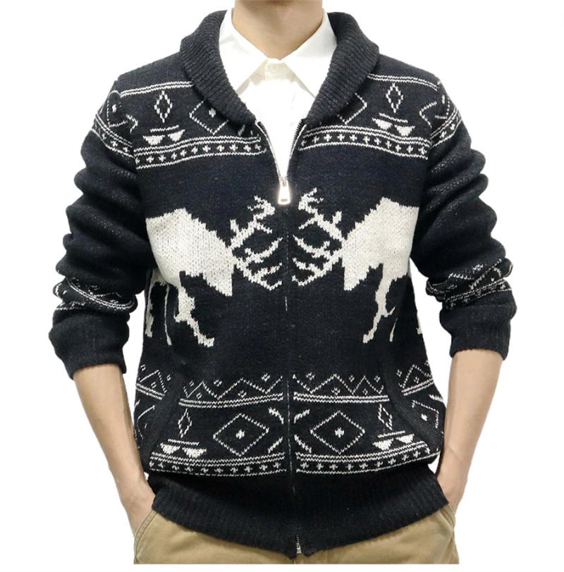 Description Picture 6 of item2024 New Autumn Winter Men's Warm Sweater Cardigan Deer Pattern Knitted Streetwear Vintage Casual Sweatercoat Christmas Knitwear