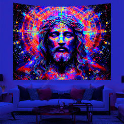 Jesus UV Reactive Wall Tapestry Psychedelic Geometric Neon Background for Bedroom Aesthetic Sofa Blanket Yoga Mat Home Decor